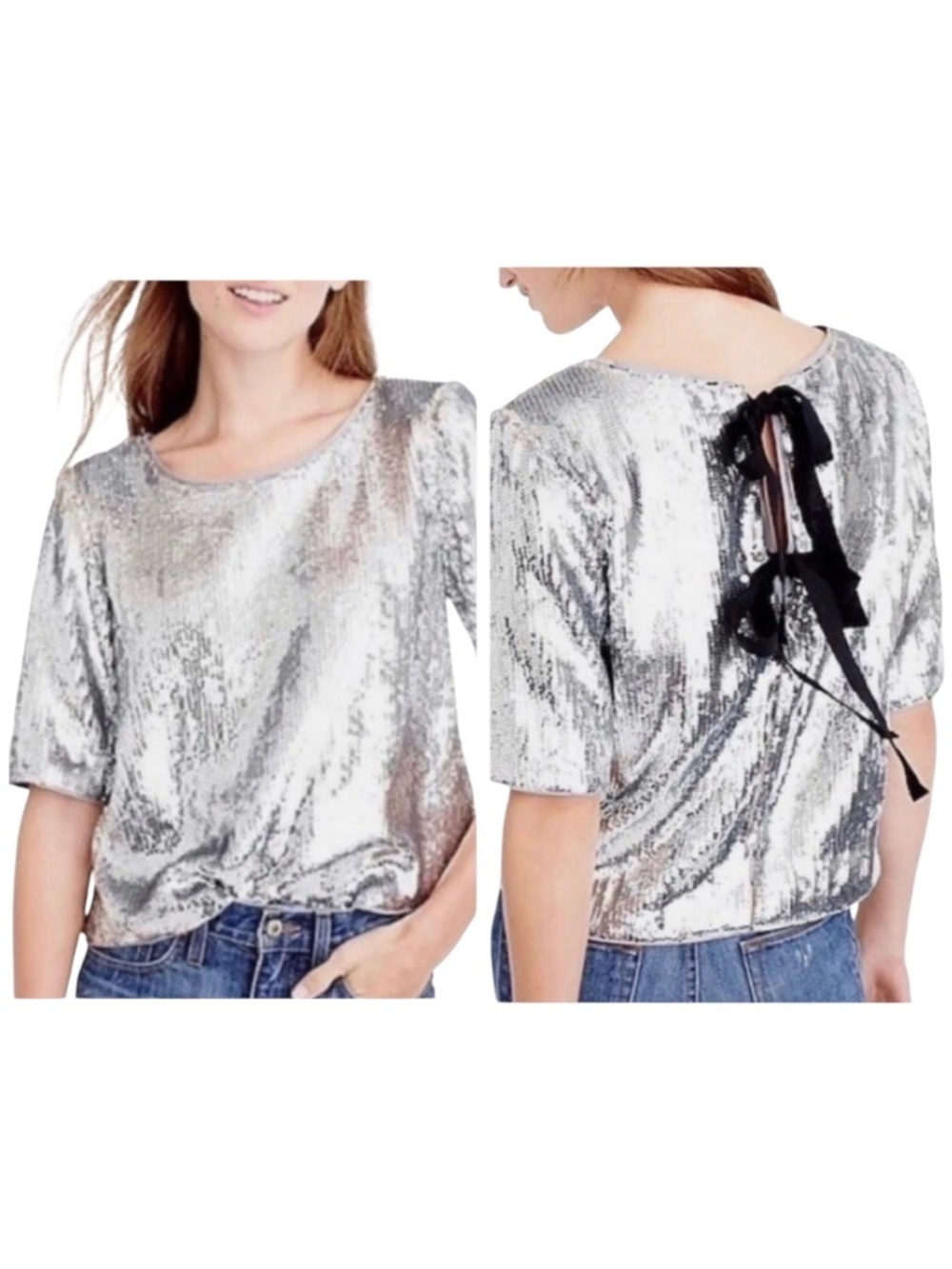 J Crew Sparkly Silver Sequin Top Back Opening With Bow Ties NWOT Size 6